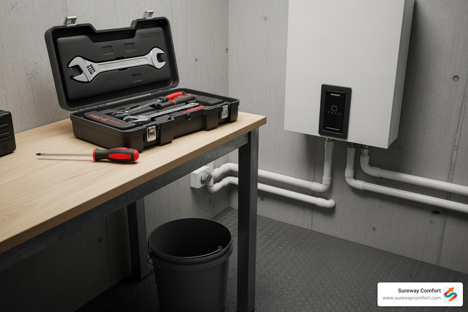 toolkit with a wrench, screwdriver, and bucket next to a tankless water heater - tankless water heater troubleshooting toolkit with a wrench, screwdriver, and bucket next to a tankless water heater - tankless water heater troubleshooting