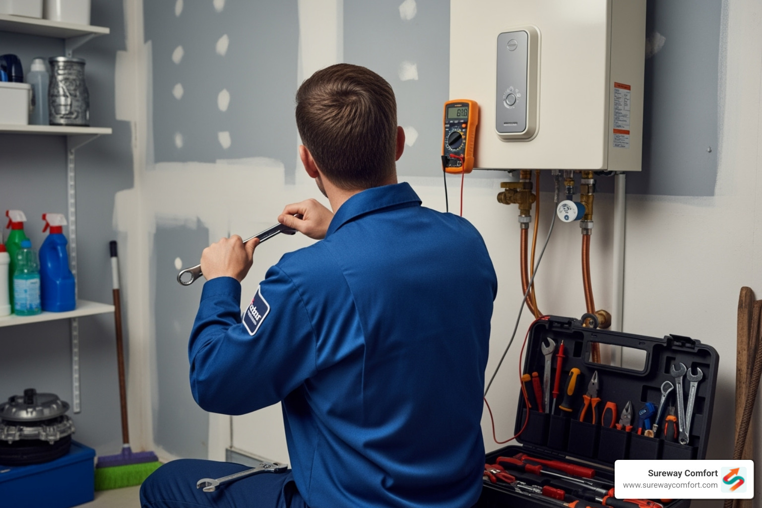 professional technician working on a tankless water heater - tankless water heater troubleshooting professional technician working on a tankless water heater - tankless water heater troubleshooting