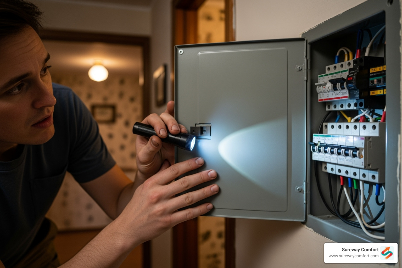 homeowner checking a circuit breaker panel - tankless water heater troubleshooting homeowner checking a circuit breaker panel - tankless water heater troubleshooting