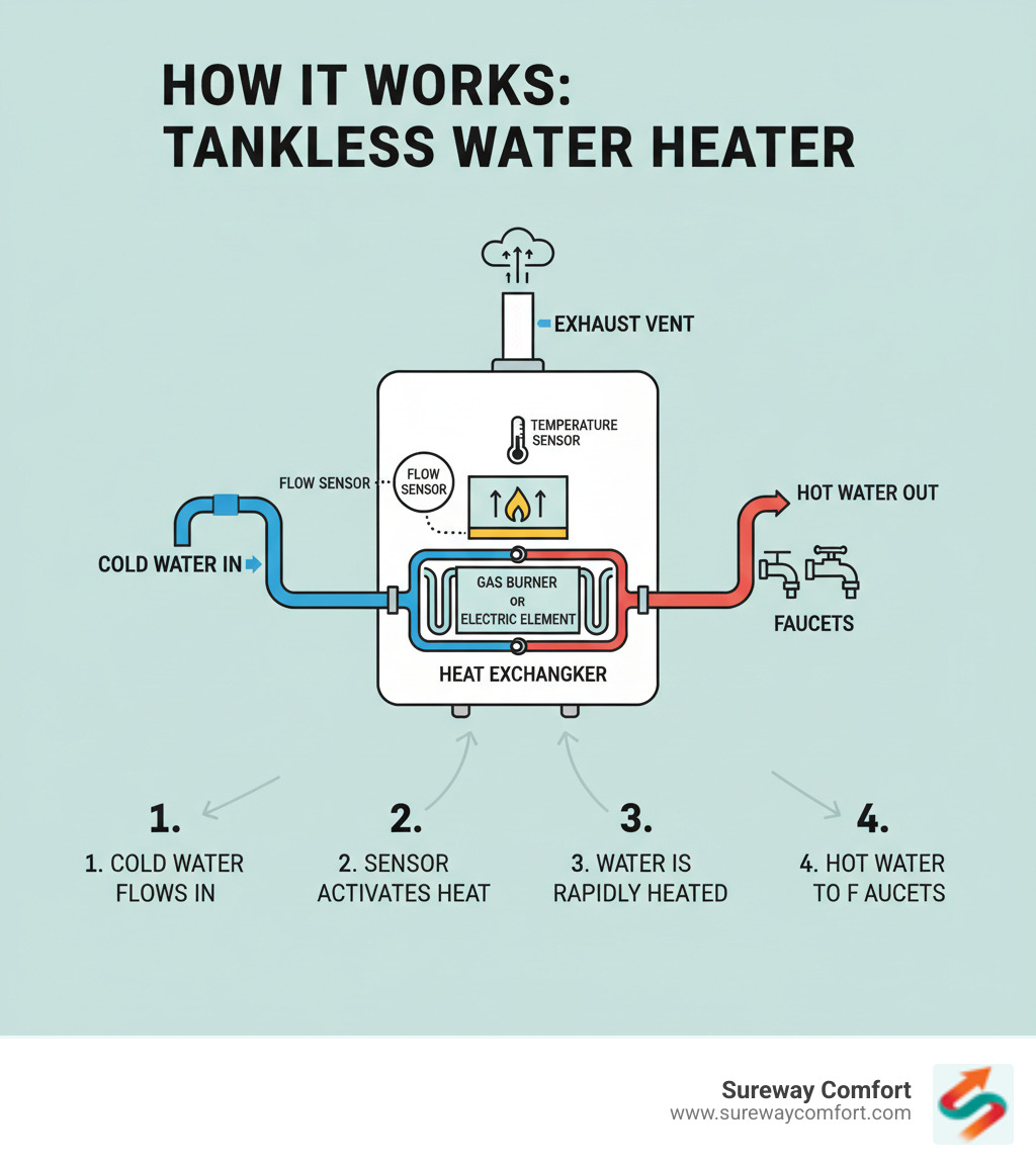 infographic showing the step-by-step process of water flowing through a tankless water heater, from cold water inlet through flow sensor activation, heat exchanger warming, and hot water output to faucets, with labels for key components like gas burner or electric element, temperature sensor, and exhaust vent - tankless water heater troubleshooting infographic  infographic showing the step-by-step process of water flowing through a tankless water heater, from cold water inlet through flow sensor activation, heat exchanger warming, and hot water output to faucets, with labels for key components like gas burner or electric element, temperature sensor, and exhaust vent - tankless water heater troubleshooting infographic