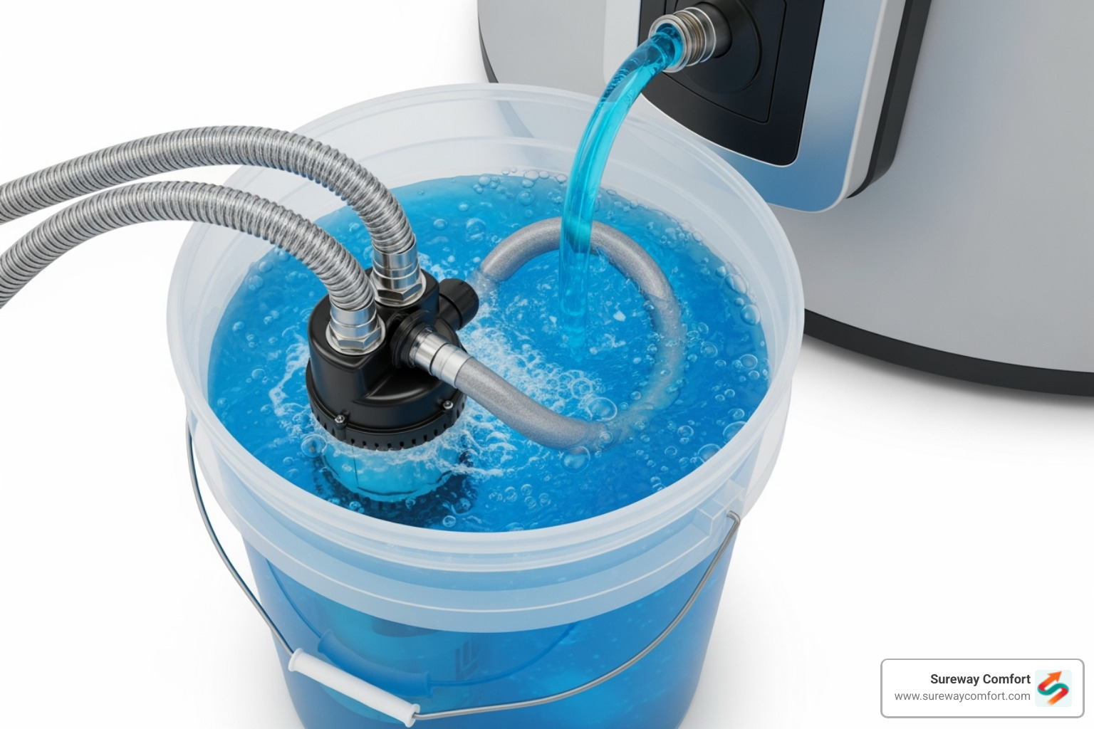 submersible pump inside the bucket circulating the solution - tankless water heater descaling submersible pump inside the bucket circulating the solution - tankless water heater descaling