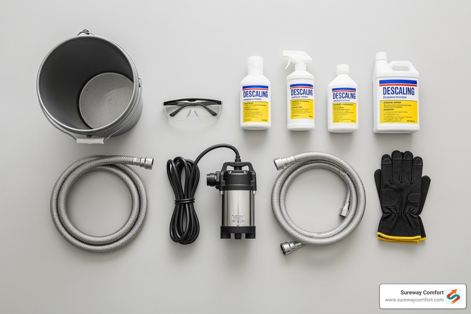 necessary tools and supplies neatly arranged - tankless water heater descaling necessary tools and supplies neatly arranged - tankless water heater descaling