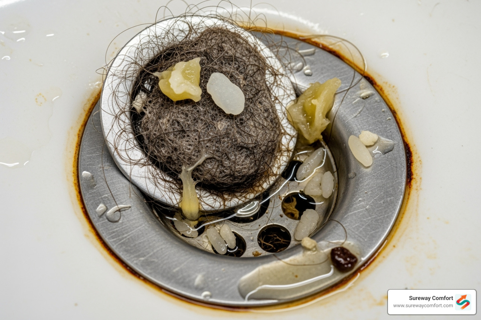 Image illustrating common clog sources like hair, grease, and food scraps - drain cleaning companies Image illustrating common clog sources like hair, grease, and food scraps - drain cleaning companies