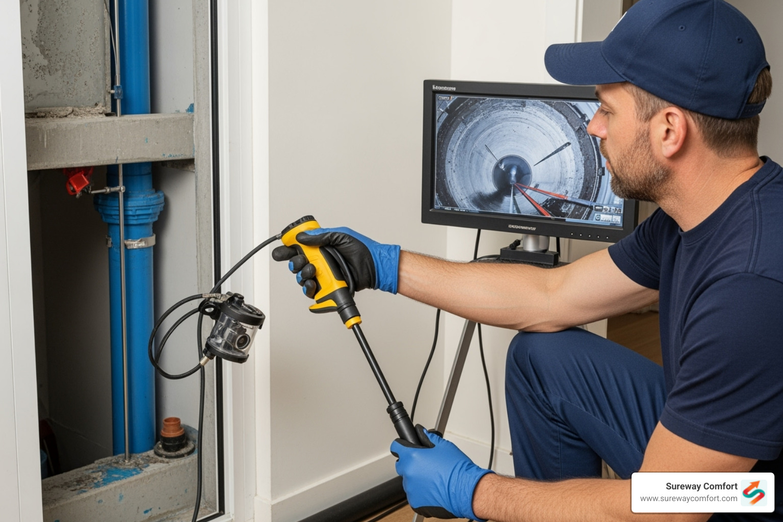 Image of a technician using a video pipe inspection camera system - drain cleaning companies Image of a technician using a video pipe inspection camera system - drain cleaning companies