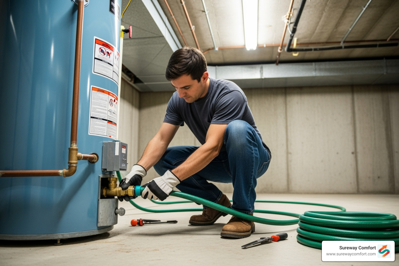 homeowner connecting a garden hose to a water heater's drain valve - hot water heater knocking homeowner connecting a garden hose to a water heater's drain valve - hot water heater knocking
