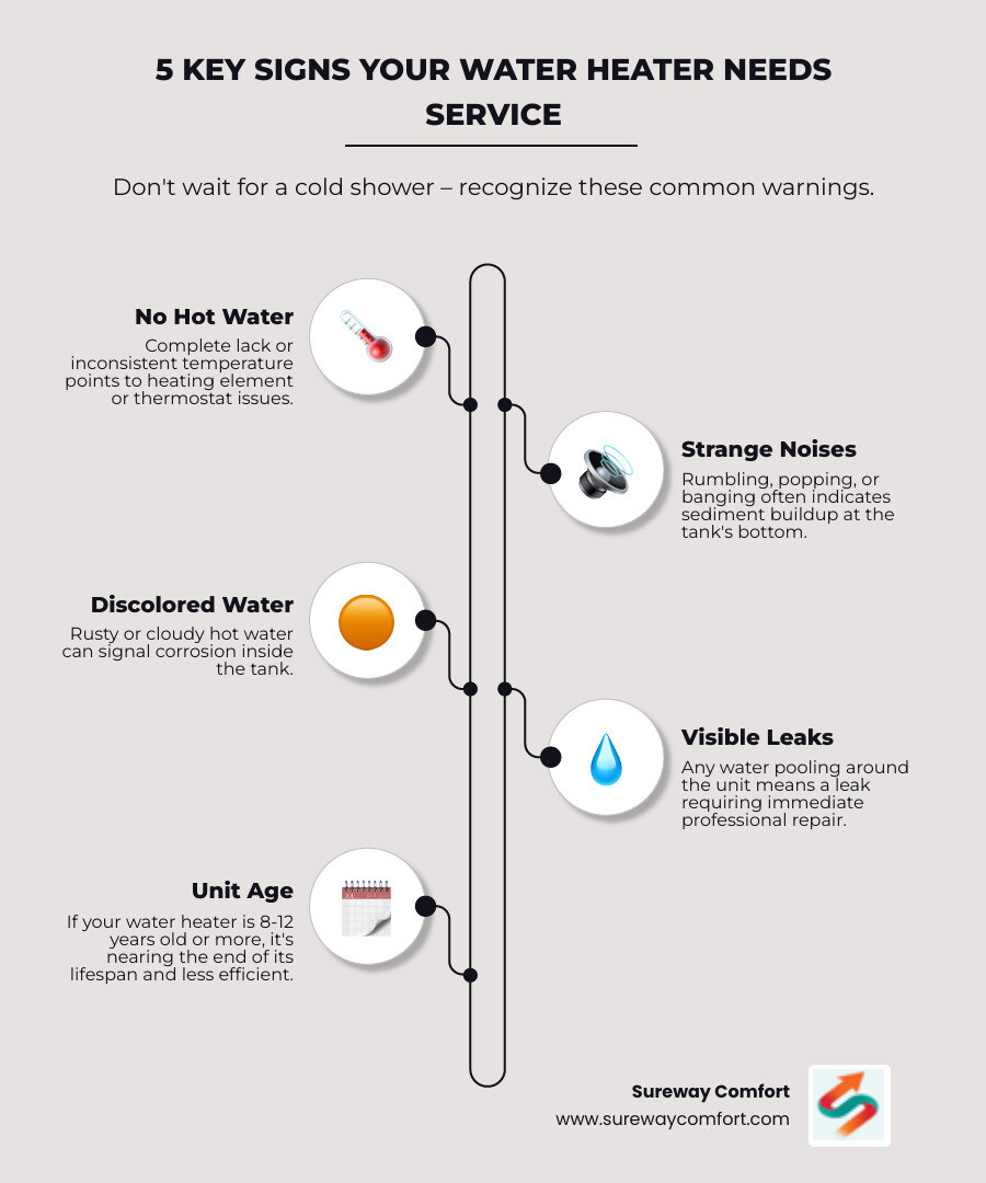 Infographic showing 5 common signs your water heater needs professional service: 1) No hot water or inconsistent temperature, 2) Strange rumbling or popping noises from the tank, 3) Rusty or discolored water from hot taps, 4) Visible leaks or pooling water around the unit, 5) Unit is 8-12 years old or older - professional water heater service bridgeville pa infographic infographic-line-5-steps-elegant_beige