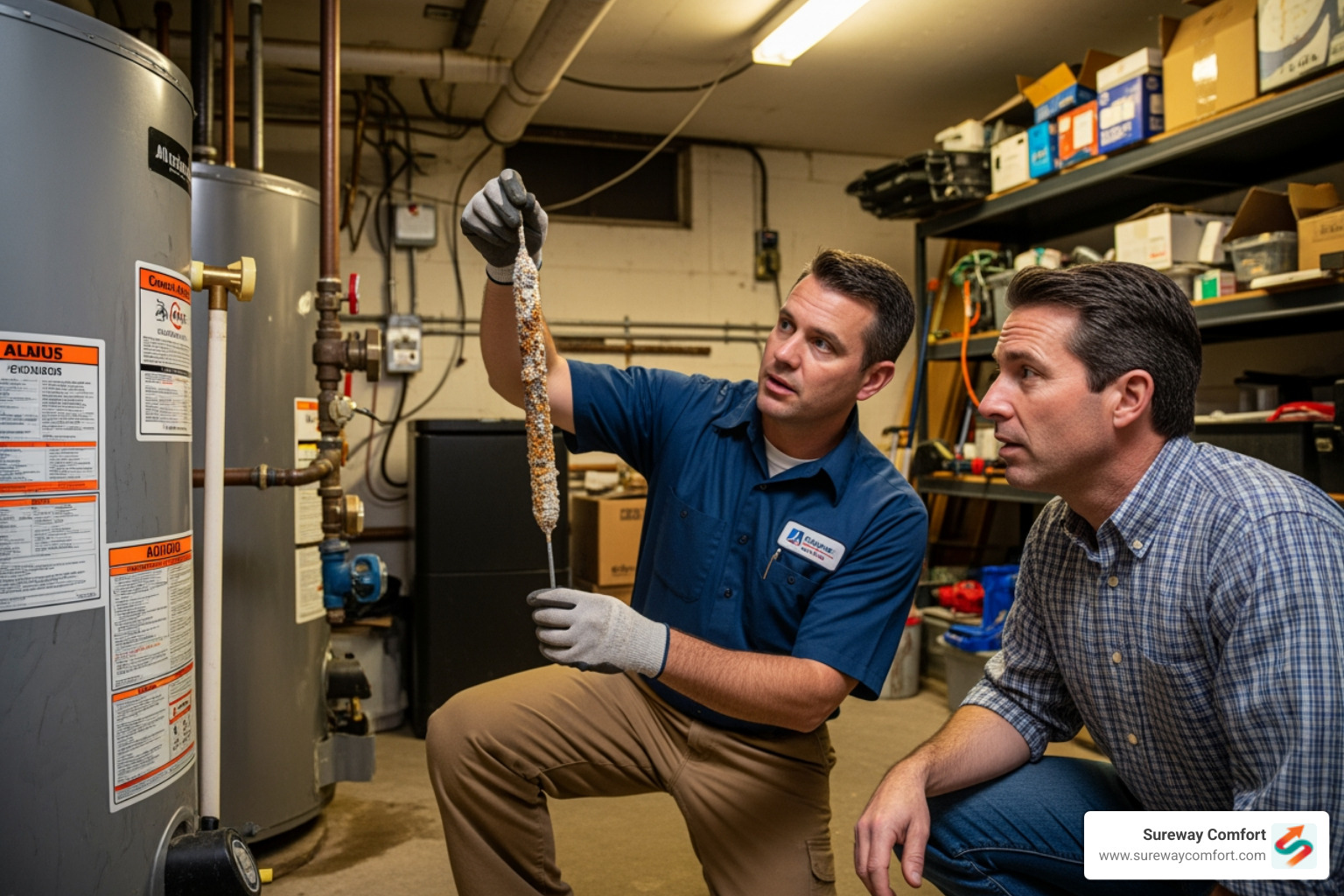 technician showing a corroded anode rod to a homeowner - professional water heater service bridgeville pa