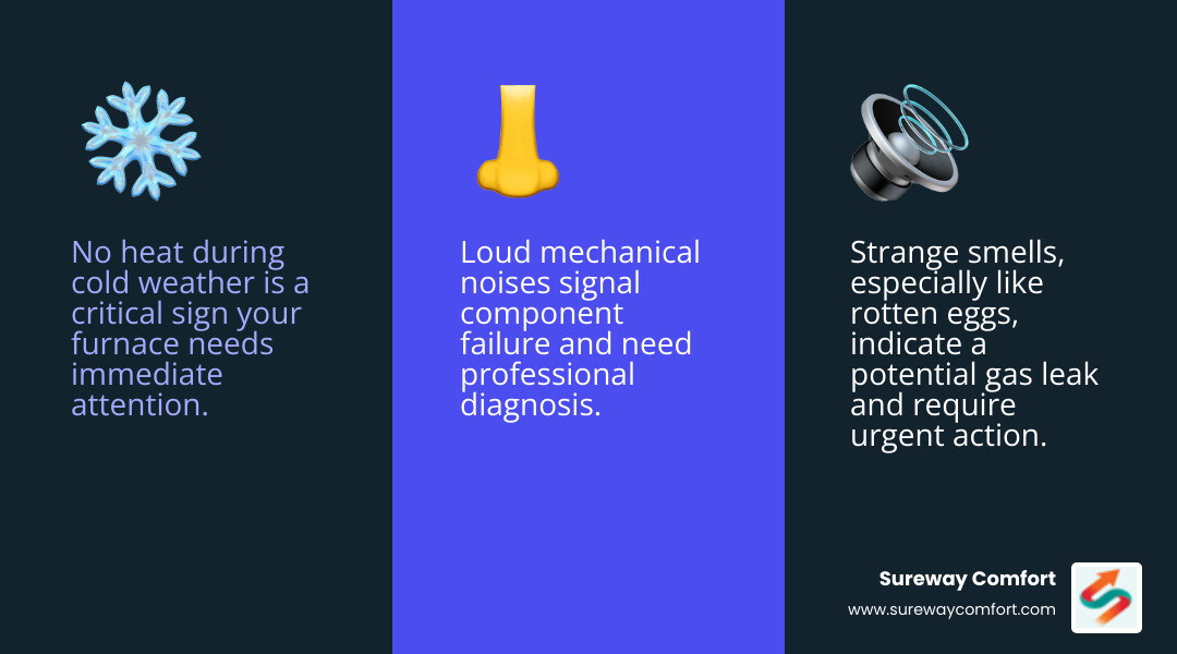 infographic showing three urgent furnace warning signs: house with no heat symbol and snowflake, nose detecting gas smell with warning icon, and furnace making loud noise with sound waves - emergency furnace repair bridgeville pa infographic 3_facts_emoji_blue