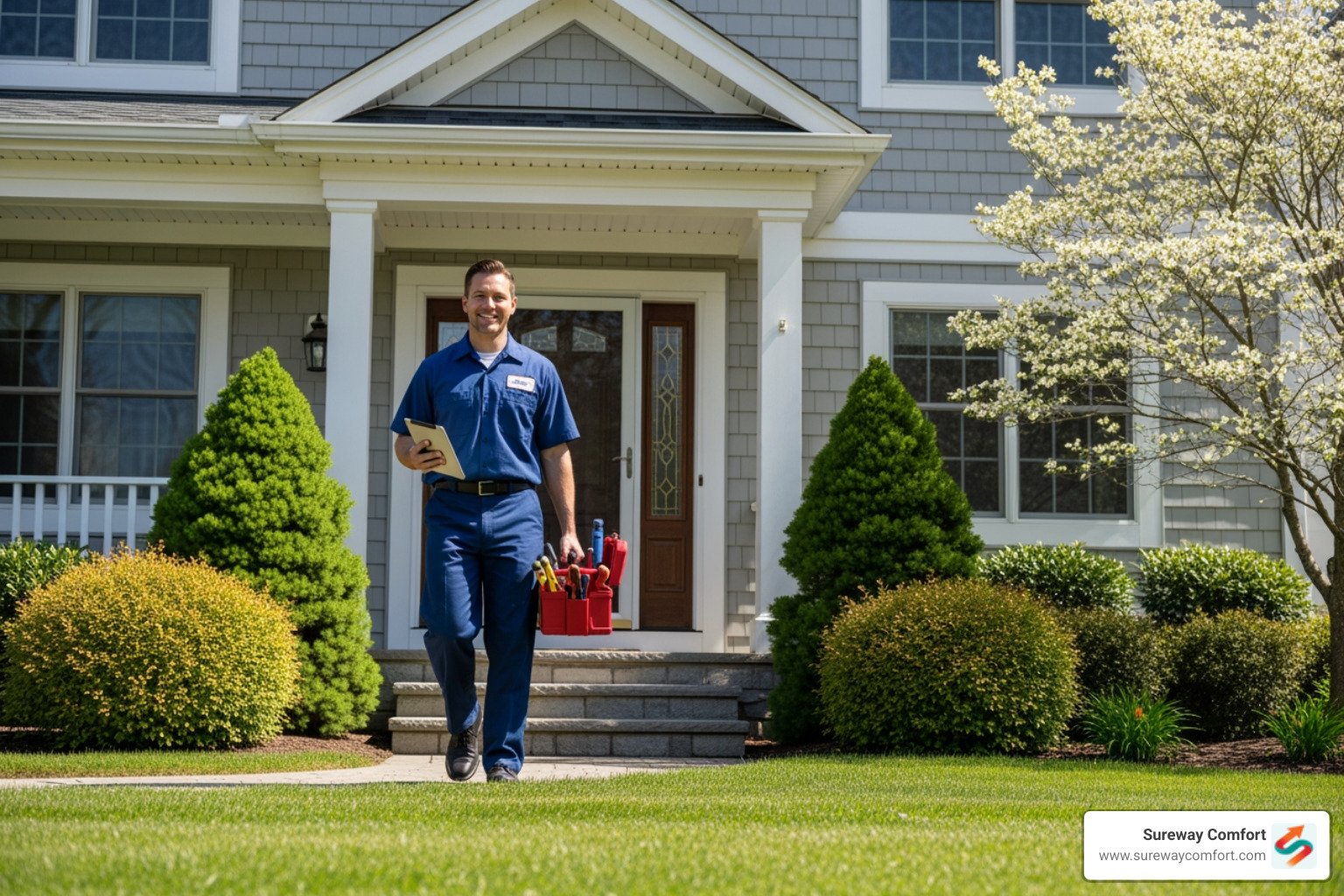 Friendly technician with a toolbox arriving at a residential front door - professional furnace service bridgeville pa