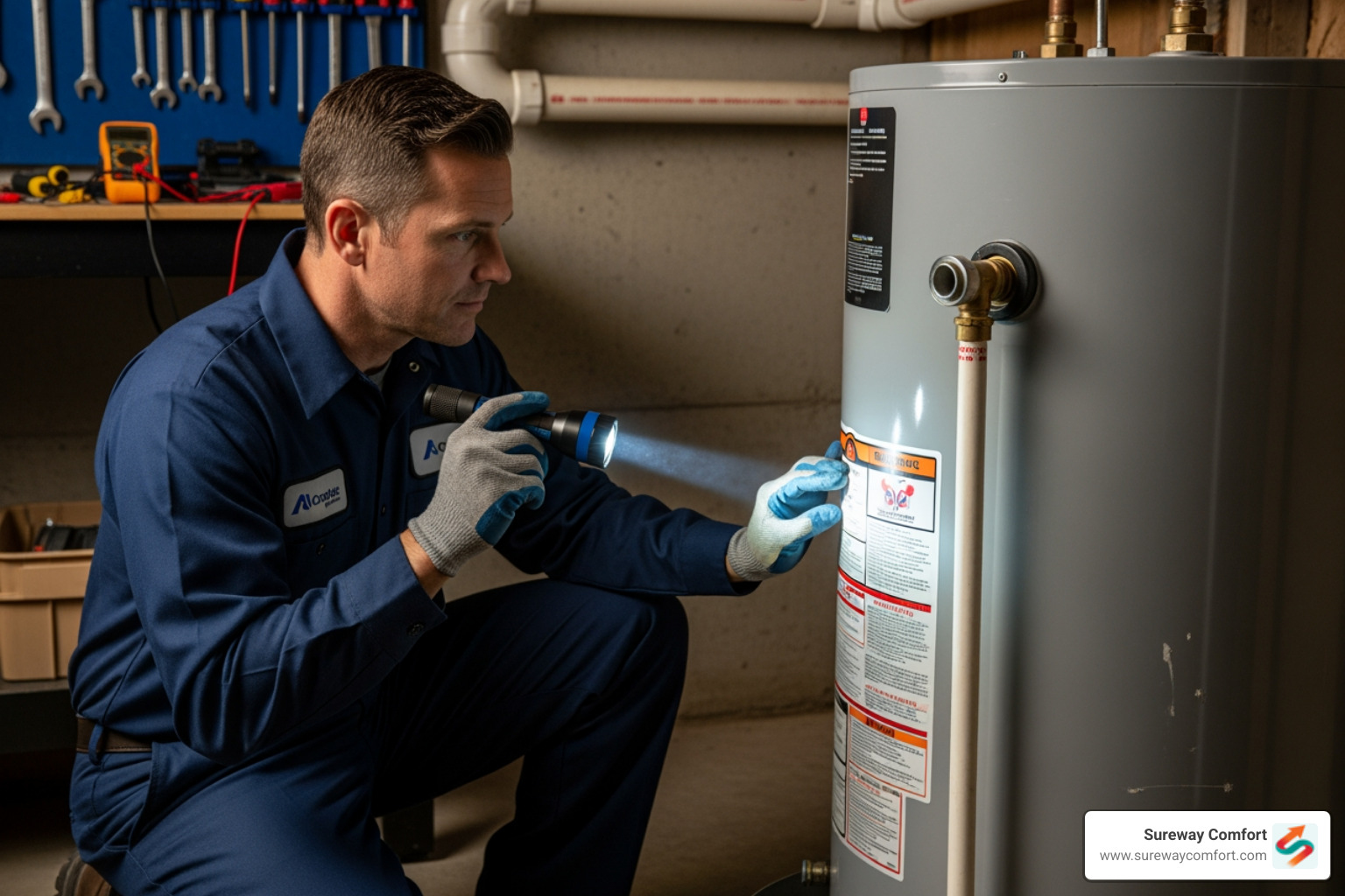 professional technician inspecting a water heater with a flashlight - emergency water heater repair bridgeville pa professional technician inspecting a water heater with a flashlight - emergency water heater repair bridgeville pa