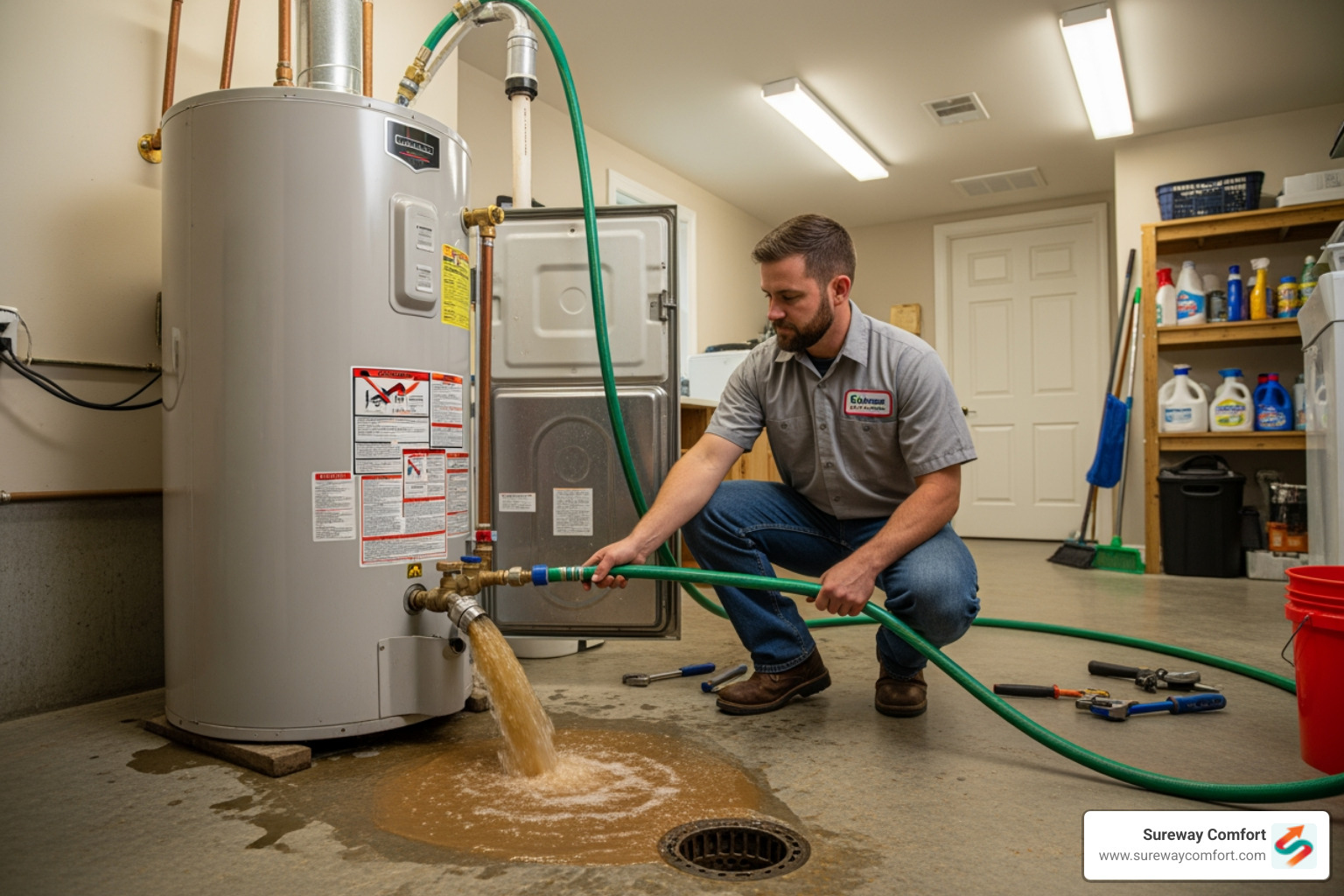 a technician flushing a water heater tank. - Hot Water Repair Bridgeville PA a technician flushing a water heater tank. - Hot Water Repair Bridgeville PA