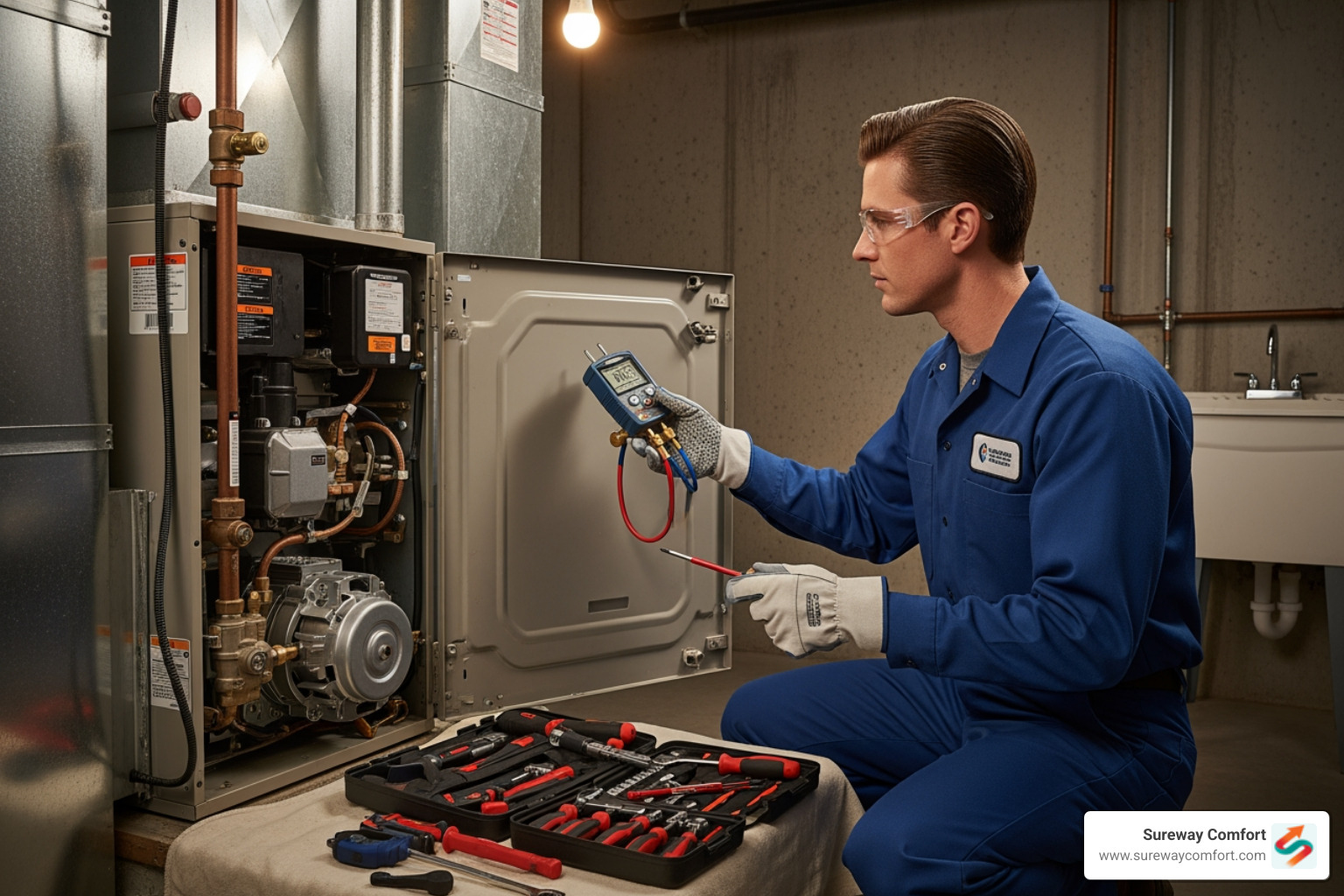 Technician servicing a furnace - Furnace Maintenance Bridgeville PA Technician servicing a furnace - Furnace Maintenance Bridgeville PA