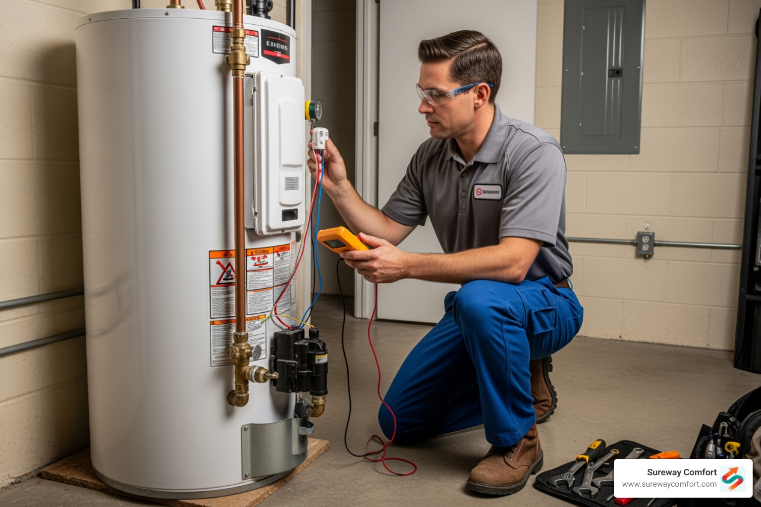 a technician inspecting a water heater's thermostat - water heater repair bridgeville pa a technician inspecting a water heater's thermostat - water heater repair bridgeville pa