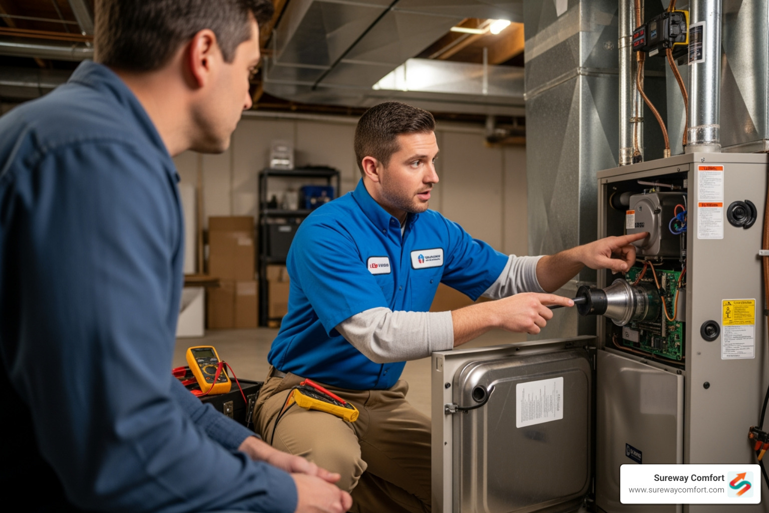 HVAC technician explaining furnace issue to a homeowner - furnace repair bridgeville pa