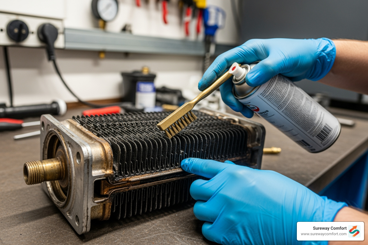 A close-up image of a technician's hands carefully cleaning a boiler component, highlighting attention to detail - Boiler Tune-Up Bridgeville PA