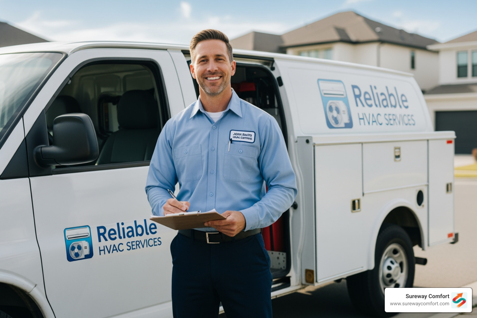 A friendly, uniformed HVAC technician smiling beside a clean service vehicle, symbolizing reliable and professional service - Boiler Tune-Up Bridgeville PA