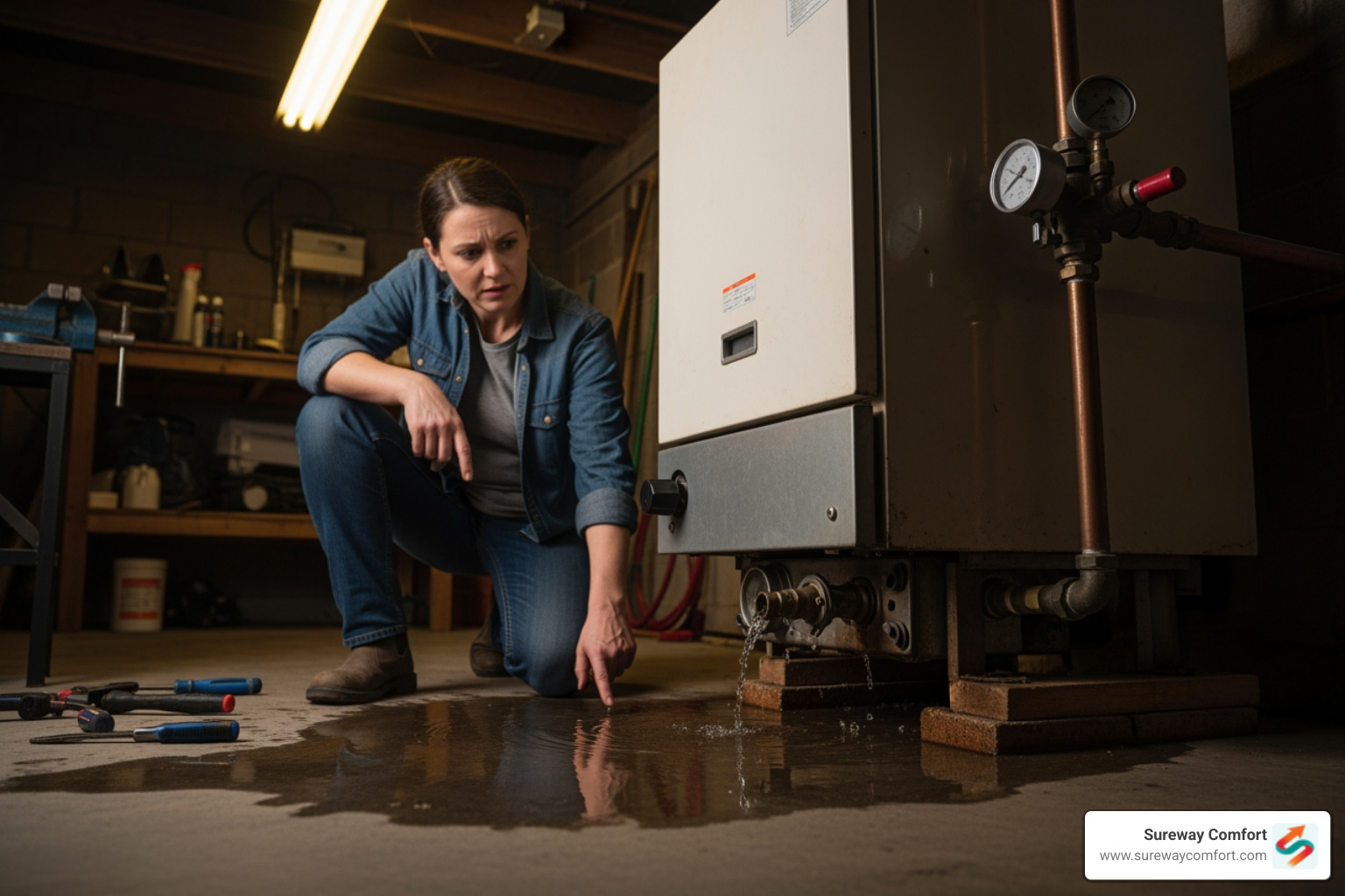 A homeowner looking concerned at a puddle of water forming near their boiler - Boiler Tune-Up Bridgeville PA