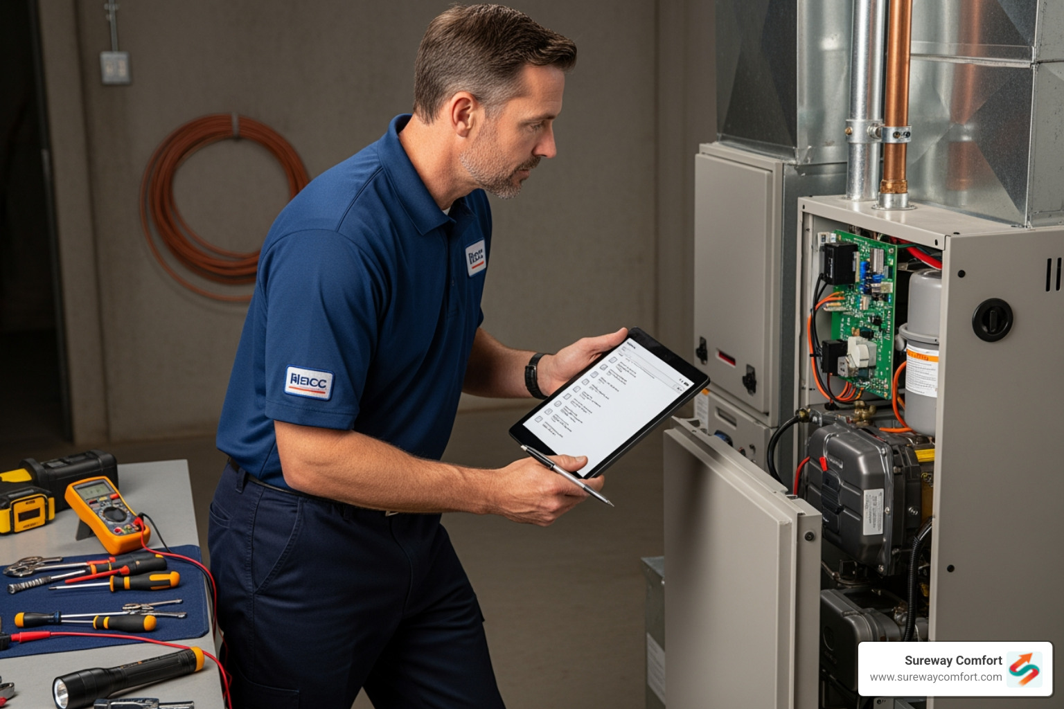 professional HVAC technician inspecting furnace with checklist - Local Furnace Tune-Up Bridgeville PA