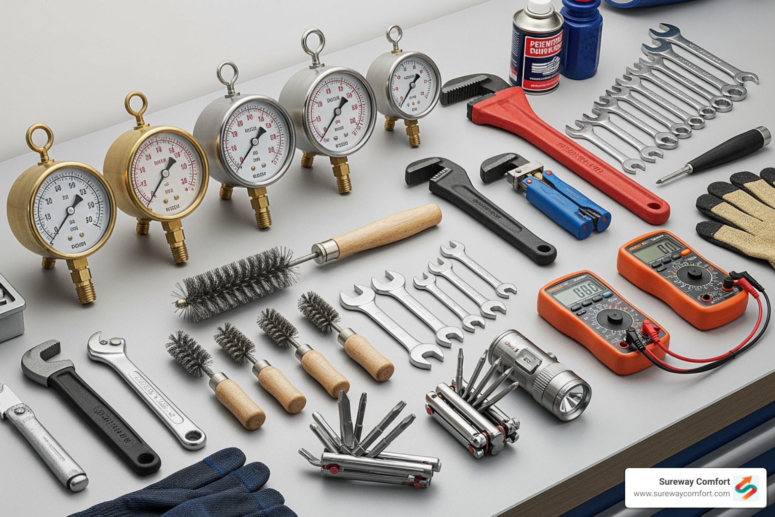technician's toolkit with gauges and cleaning brushes - Boiler Maintenance Bridgeville PA
