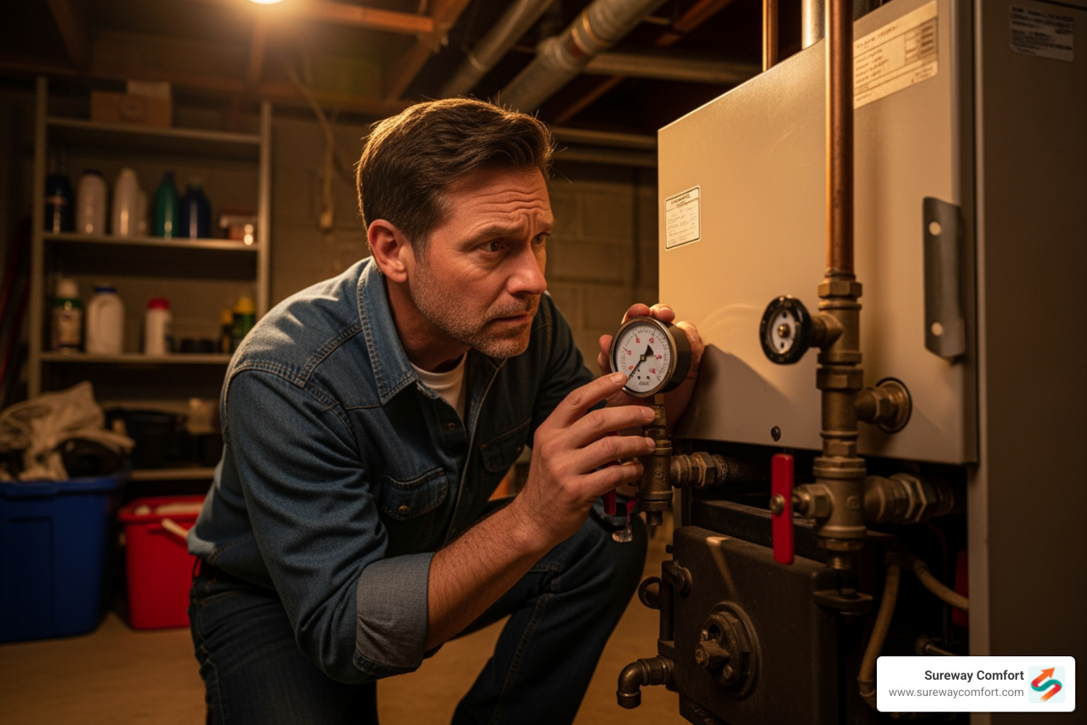 a homeowner looking at their boiler's pressure gauge, showing concern - Professional Boiler Tune-Up Bridgeville PA