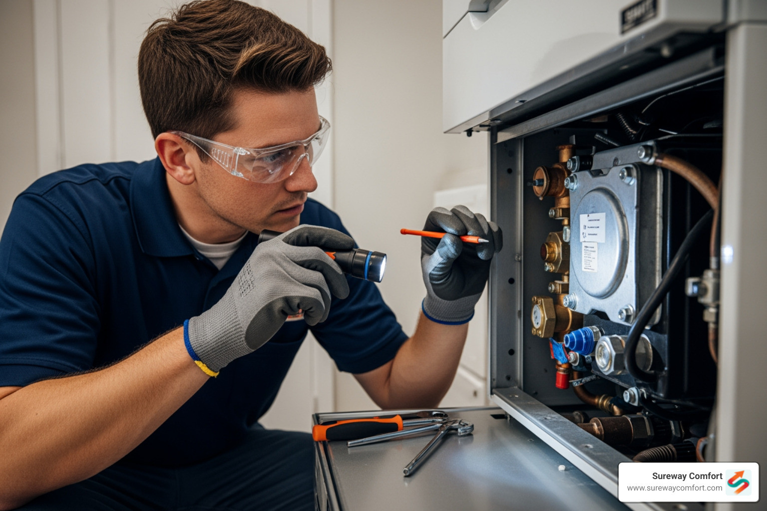 a certified technician carefully inspecting a boiler's internal components - Professional Boiler Tune-Up Bridgeville PA