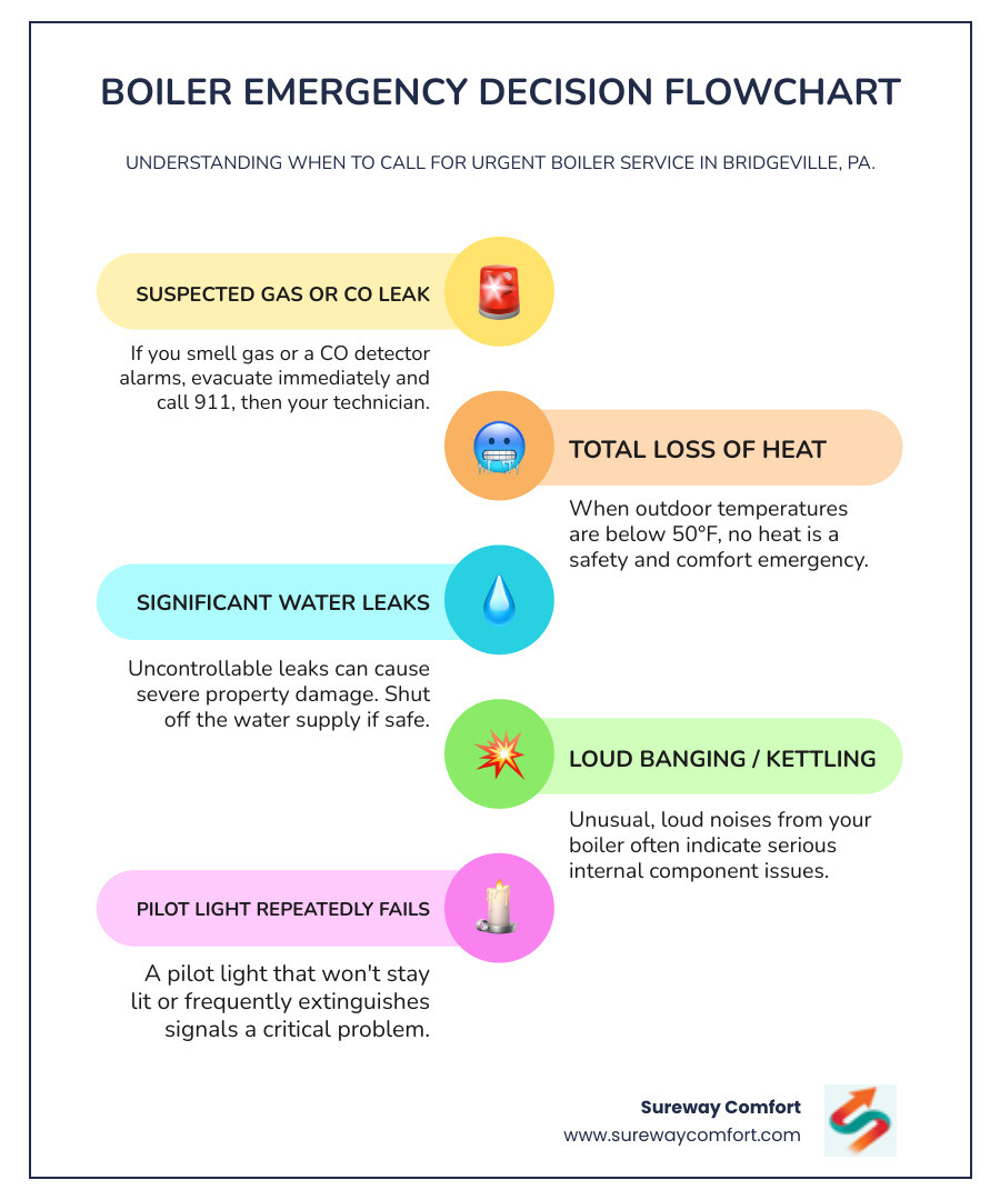 Emergency boiler service decision flowchart showing when to call emergency services vs. a technician, including steps for gas leaks, no heat scenarios, water leaks, and strange noises, with safety protocols and expected response times in Bridgeville PA - emergency boiler service bridgeville pa infographic infographic-line-5-steps-colors