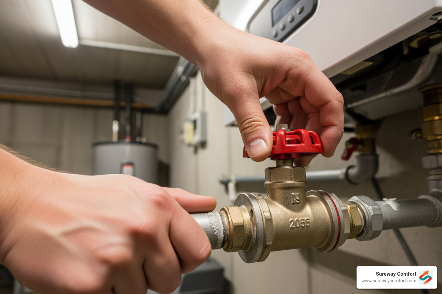 person safely shutting off a water valve to a boiler - emergency boiler service bridgeville pa