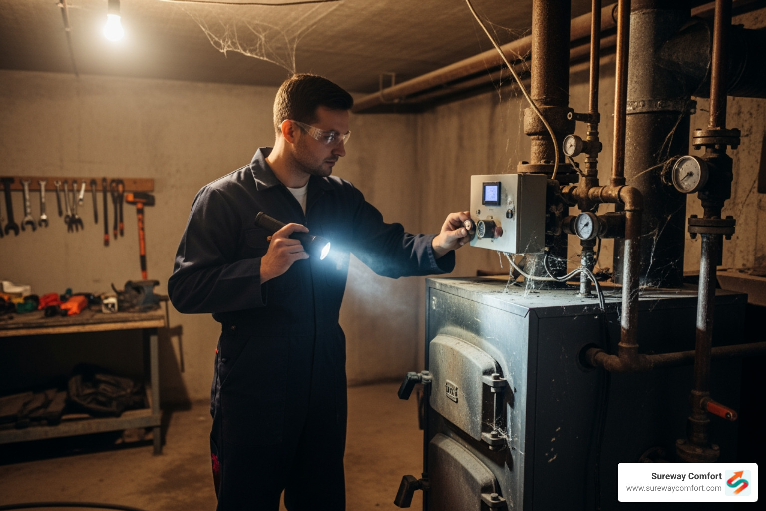 professional technician inspecting a boiler with a flashlight - emergency boiler service bridgeville pa