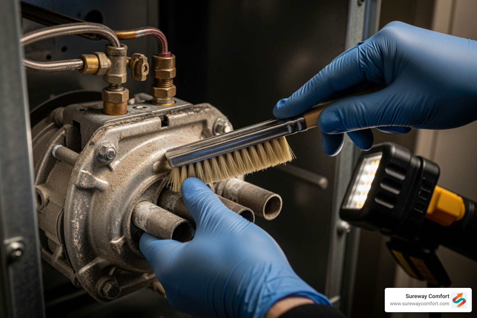 Technician's hands carefully cleaning a furnace burner assembly - Preventive Furnace Service Bridgeville PA