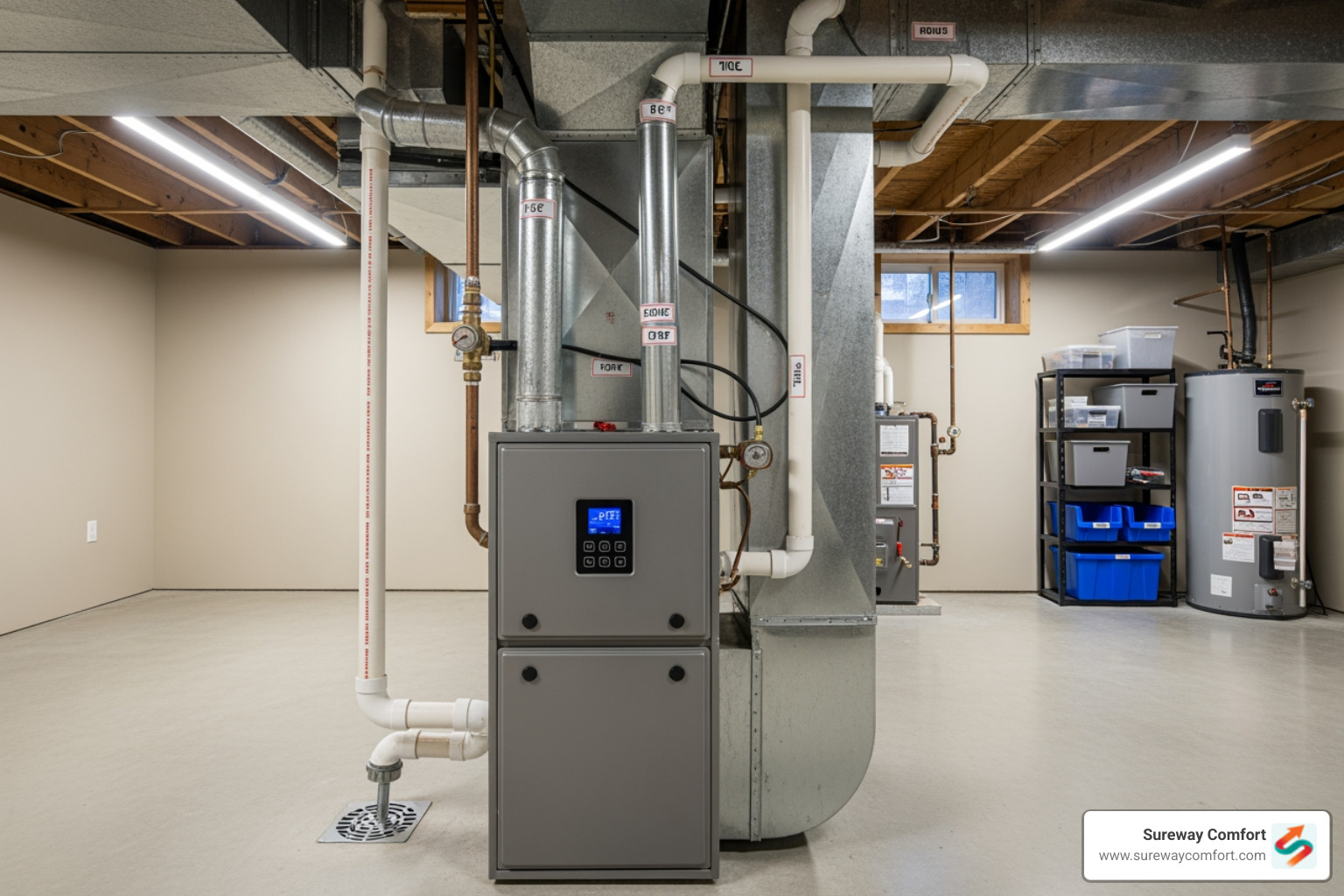 Modern furnace unit in a clean basement setting - Preventive Furnace Service Bridgeville PA