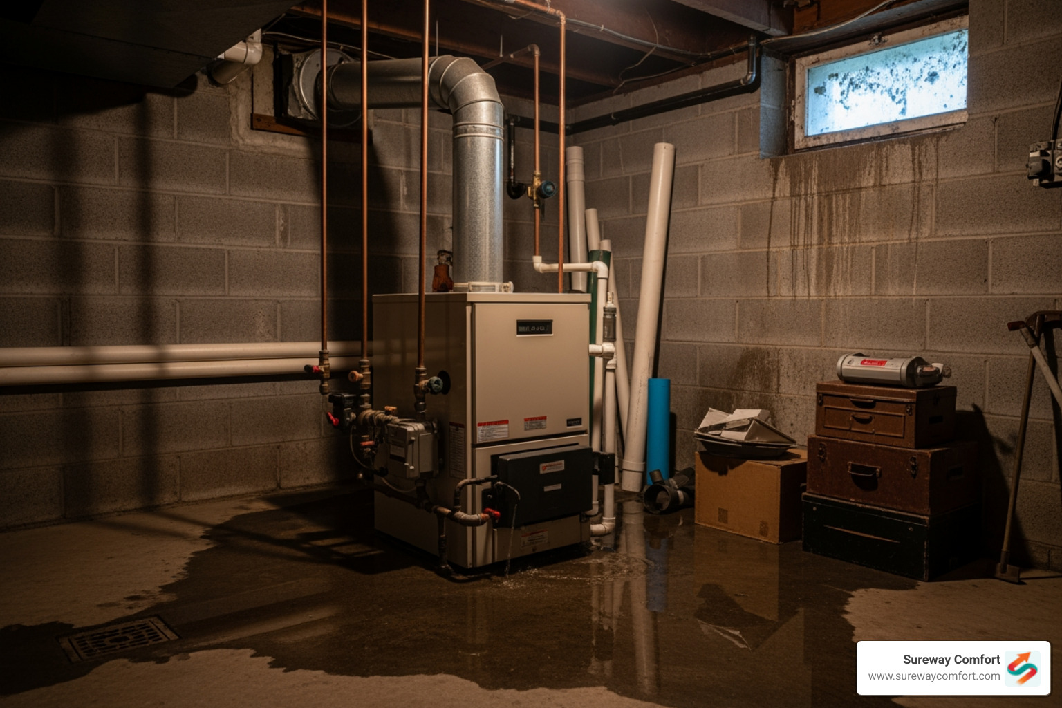 A residential boiler with water visibly pooling around its base, indicating a leak - Emergency Boiler Service Bridgeville PA