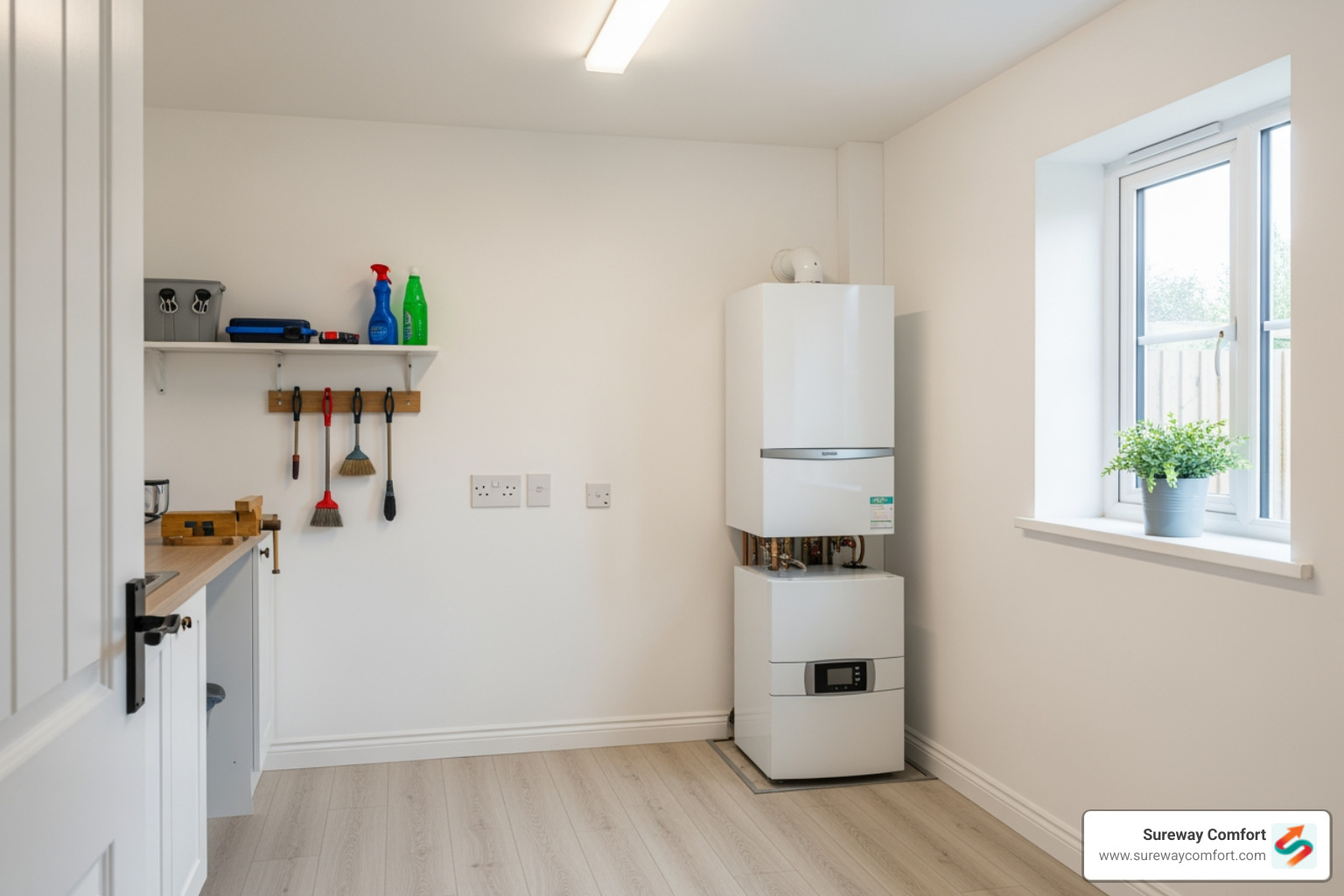 A utility room with a well-maintained boiler, showing clear access around the unit and good lighting - Emergency Boiler Service Bridgeville PA