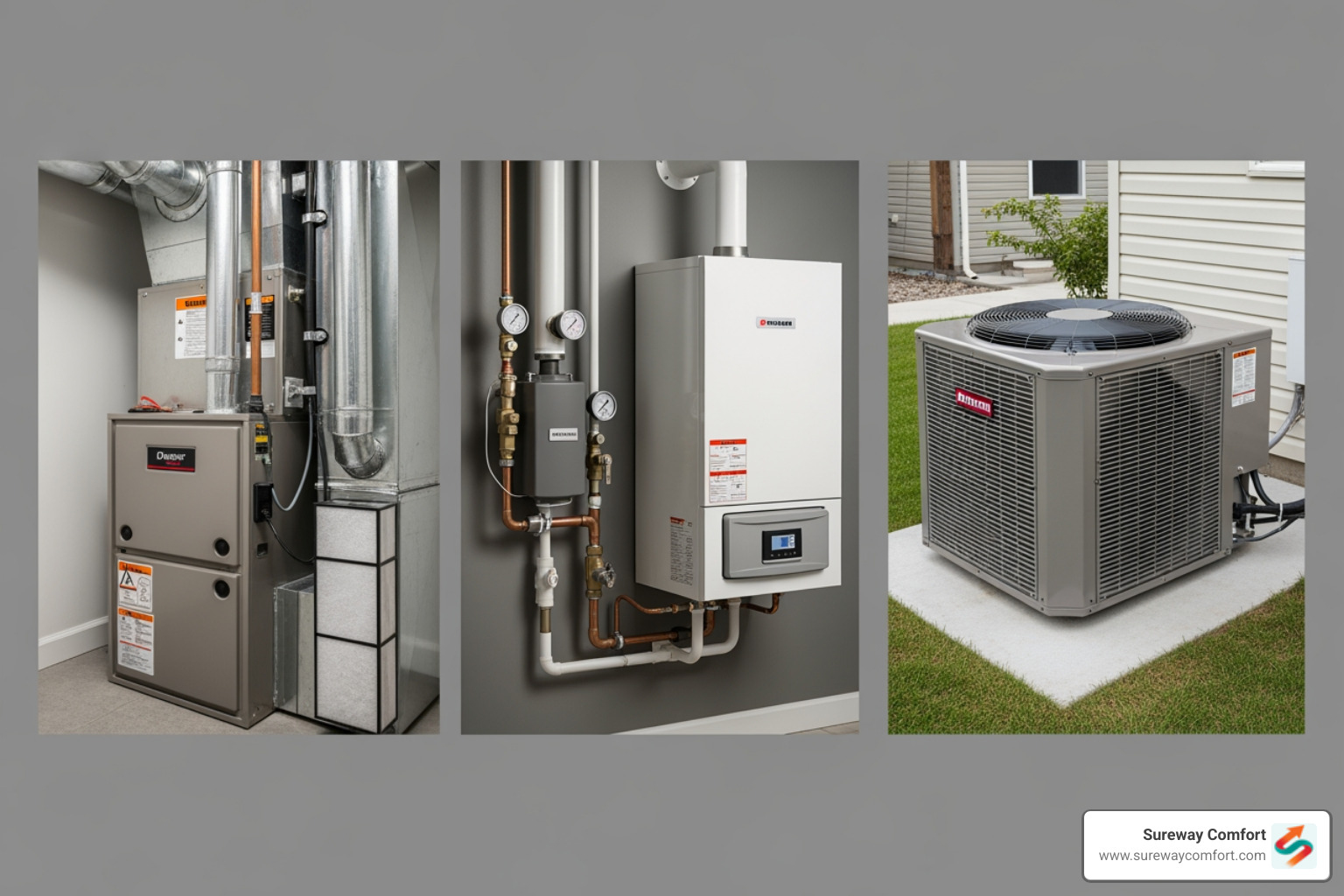 of a collage showing a furnace, a boiler, and a heat pump - Heating Maintenance Bridgeville PA