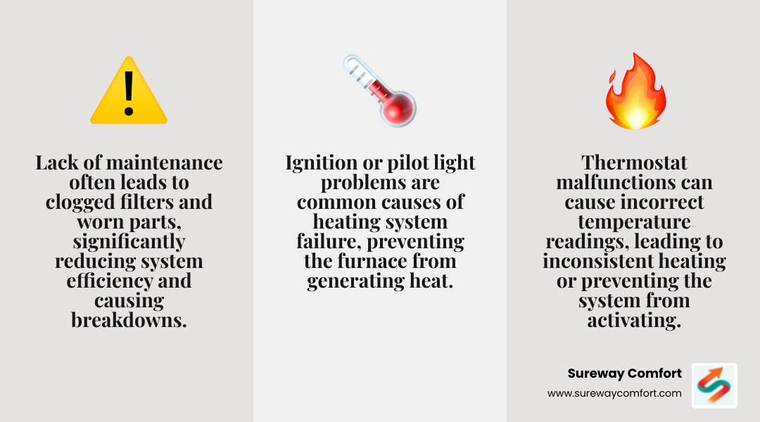 Infographic showing three main reasons heating systems fail: lack of maintenance leading to clogged filters and worn parts, thermostat malfunctions causing incorrect temperature readings, and ignition or pilot light problems preventing system startup - "Who provides emergency heating repair in Bridgeville, PA?" infographic 3_facts_emoji_grey Infographic showing three main reasons heating systems fail: lack of maintenance leading to clogged filters and worn parts, thermostat malfunctions causing incorrect temperature readings, and ignition or pilot light problems preventing system startup - "Who provides emergency heating repair in Bridgeville, PA?" infographic 3_facts_emoji_grey