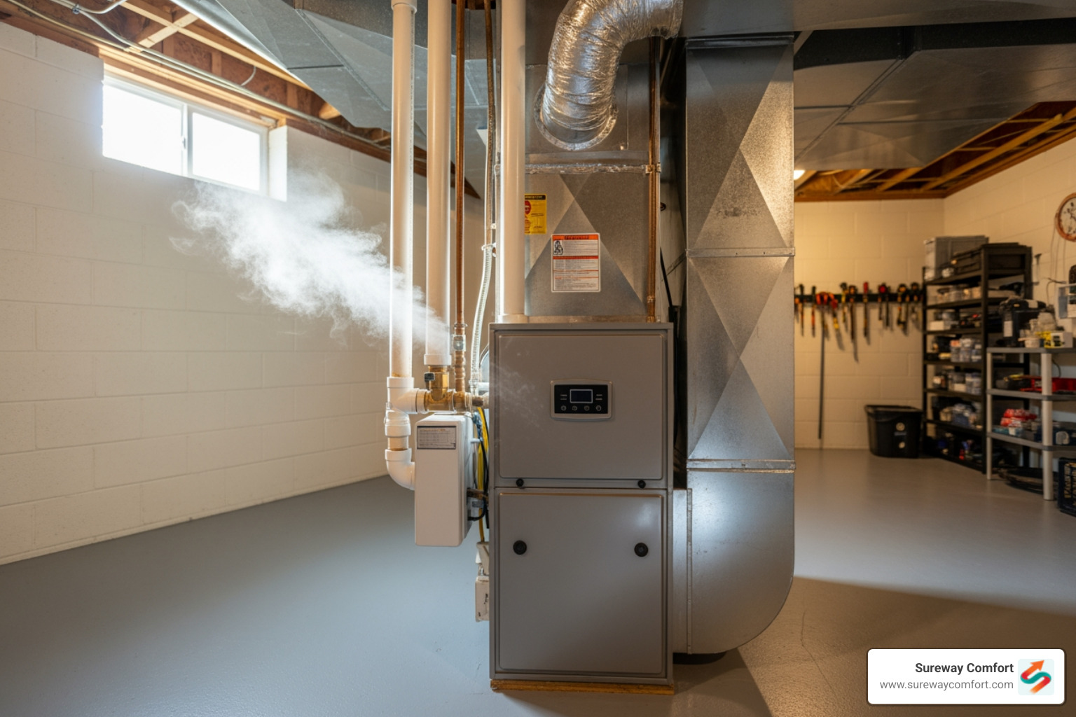 Clean, modern furnace unit in a basement - "Who provides emergency heating repair in Bridgeville, PA?" Clean, modern furnace unit in a basement - "Who provides emergency heating repair in Bridgeville, PA?"