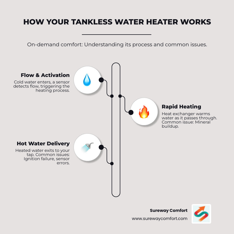 Infographic showing the flow of water through a tankless water heater system: cold water enters the unit, flows past a flow sensor that triggers ignition, passes through a heat exchanger where gas burners or electric coils heat it on demand, and hot water exits to your faucets—with callouts showing common failure points like mineral buildup on the heat exchanger, ignition system problems, and flow sensor issues that require professional repair - professional tankless water heater repair bridgeville pa infographic infographic-line-3-steps-elegant_beige Infographic showing the flow of water through a tankless water heater system: cold water enters the unit, flows past a flow sensor that triggers ignition, passes through a heat exchanger where gas burners or electric coils heat it on demand, and hot water exits to your faucets—with callouts showing common failure points like mineral buildup on the heat exchanger, ignition system problems, and flow sensor issues that require professional repair - professional tankless water heater repair bridgeville pa infographic infographic-line-3-steps-elegant_beige