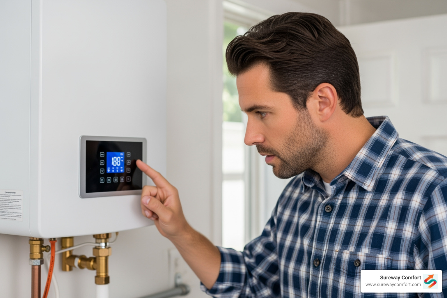 homeowner looking at the digital display panel of a tankless water heater - professional tankless water heater repair bridgeville pa homeowner looking at the digital display panel of a tankless water heater - professional tankless water heater repair bridgeville pa