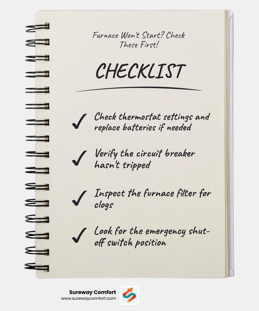 Infographic showing a flowchart for furnace troubleshooting: starting with checking thermostat settings and batteries, moving to circuit breaker inspection, then furnace filter examination, followed by emergency switch verification, and ending with a call to professional HVAC technician if issues persist. - My furnace won't turn on. I need to find someone for furnace repair in Bridgeville, PA." infographic checklist-notebook