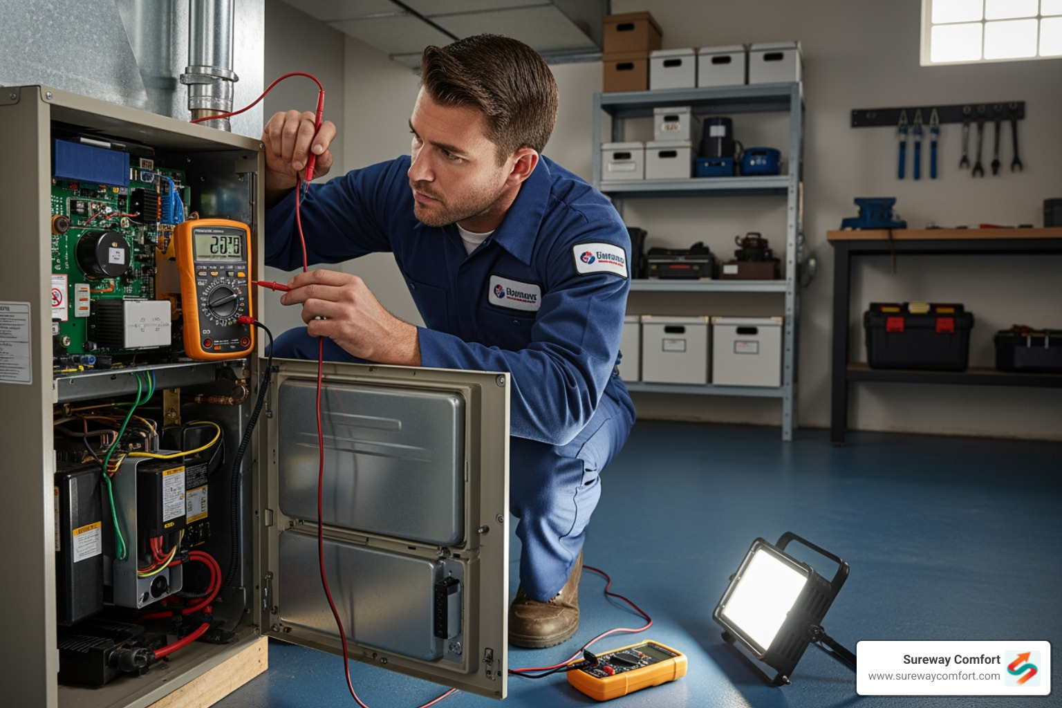 Professional technician inspecting a furnace in a residential basement - My furnace won't turn on. I need to find someone for furnace repair in Bridgeville, PA."