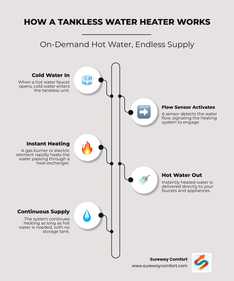 Infographic showing how a tankless water heater works: cold water enters the unit through an inlet pipe, flows through a heat exchanger where either a gas burner or electric element heats it instantly, then hot water exits to your faucets and appliances on demand, with no storage tank required - tankless water heater service bridgeville pa infographic infographic-line-5-steps-elegant_beige