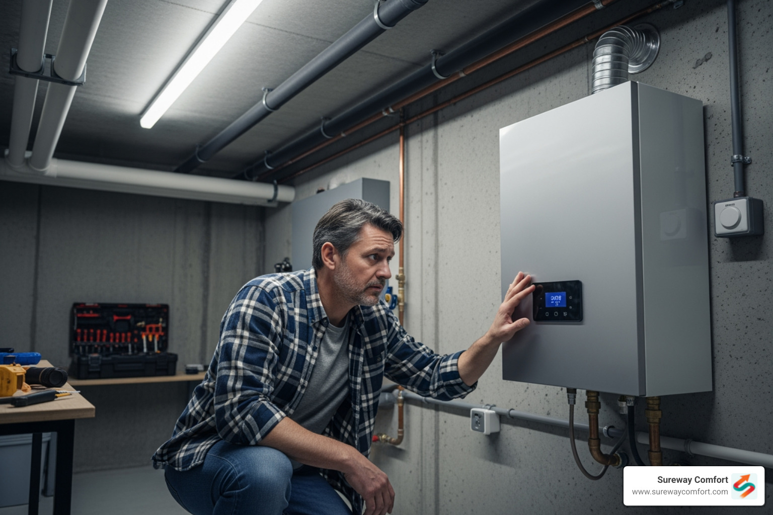 A homeowner looking concerned at their water heater unit, indicating a potential problem - tankless water heater service bridgeville pa