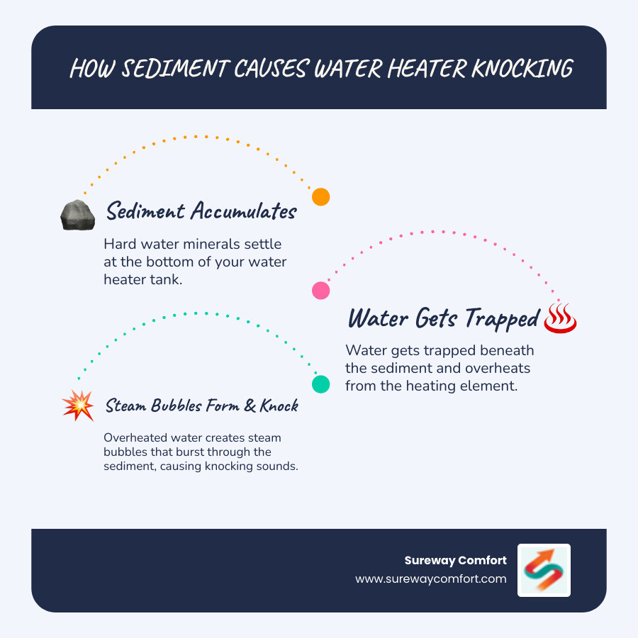 infographic showing cross-section of water heater tank with sediment layer at bottom, steam bubbles forming under sediment, and arrows indicating knocking sounds, with labels for heating element, mineral deposits, and trapped water creating noise - "My hot water heater is making a knocking sound. Who can I call for a repair in Collier?" infographic infographic-line-3-steps-blues-accent_colors infographic showing cross-section of water heater tank with sediment layer at bottom, steam bubbles forming under sediment, and arrows indicating knocking sounds, with labels for heating element, mineral deposits, and trapped water creating noise - "My hot water heater is making a knocking sound. Who can I call for a repair in Collier?" infographic infographic-line-3-steps-blues-accent_colors