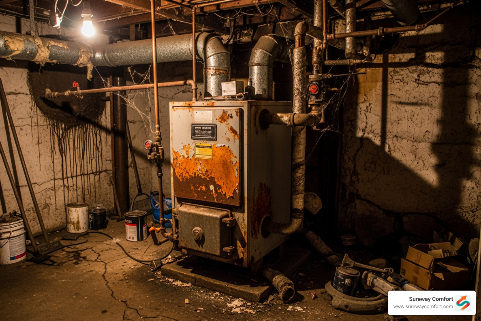 An old, inefficient boiler showing signs of rust and wear - Professional Boiler Replacement Bridgeville PA