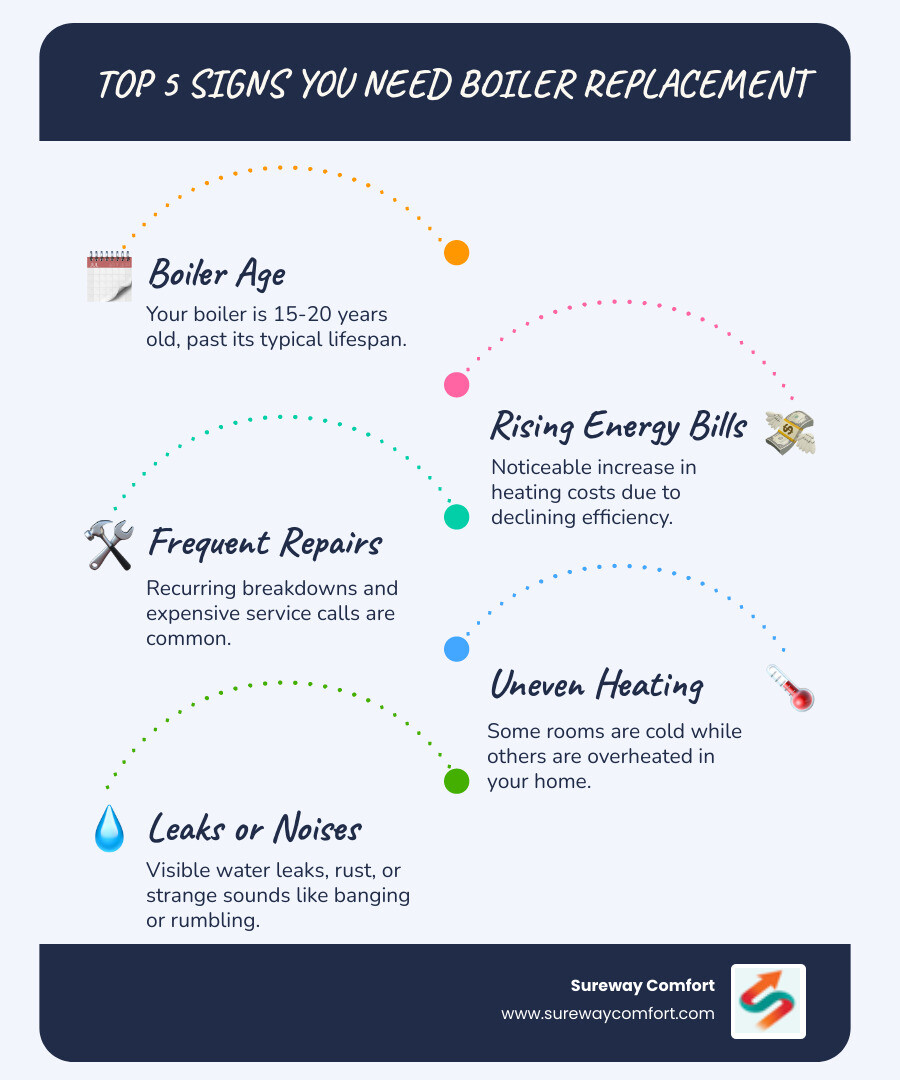 Infographic showing the top 5 signs you need boiler replacement: boiler age over 15 years, rising energy costs, frequent repair calls, uneven home temperatures, and visible rust or leaks around the unit - Professional Boiler Replacement Bridgeville PA infographic infographic-line-5-steps-blues-accent_colors