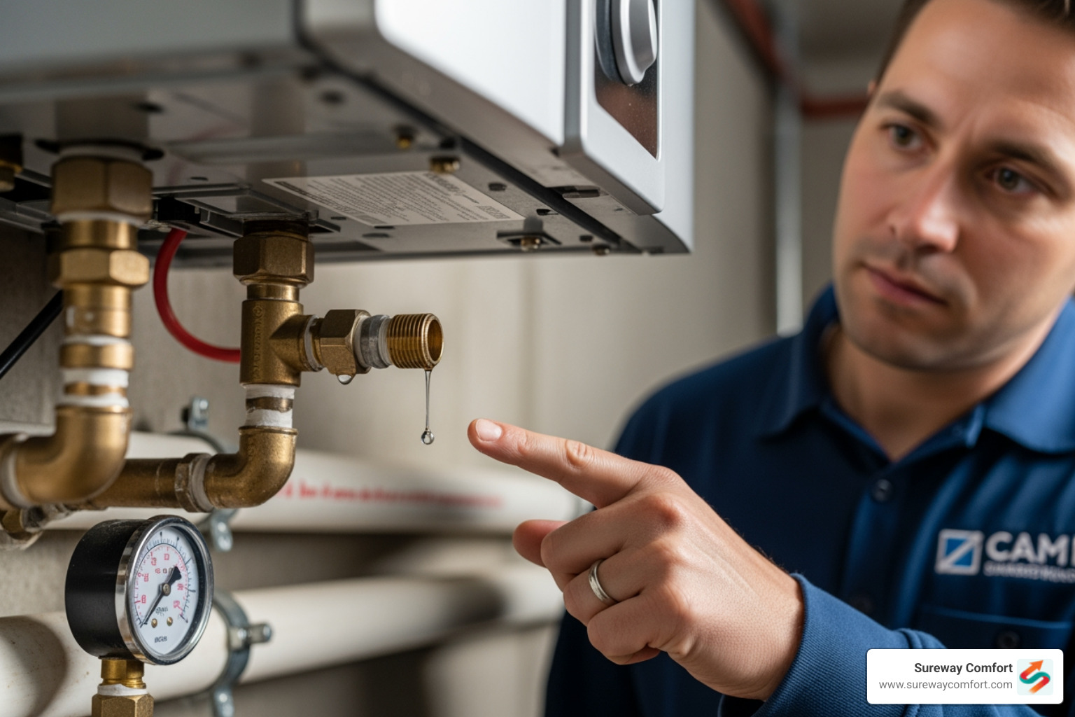 Technician pointing to a small leak on a pipe connection near a tankless unit - Affordable Tankless Service Bridgeville PA