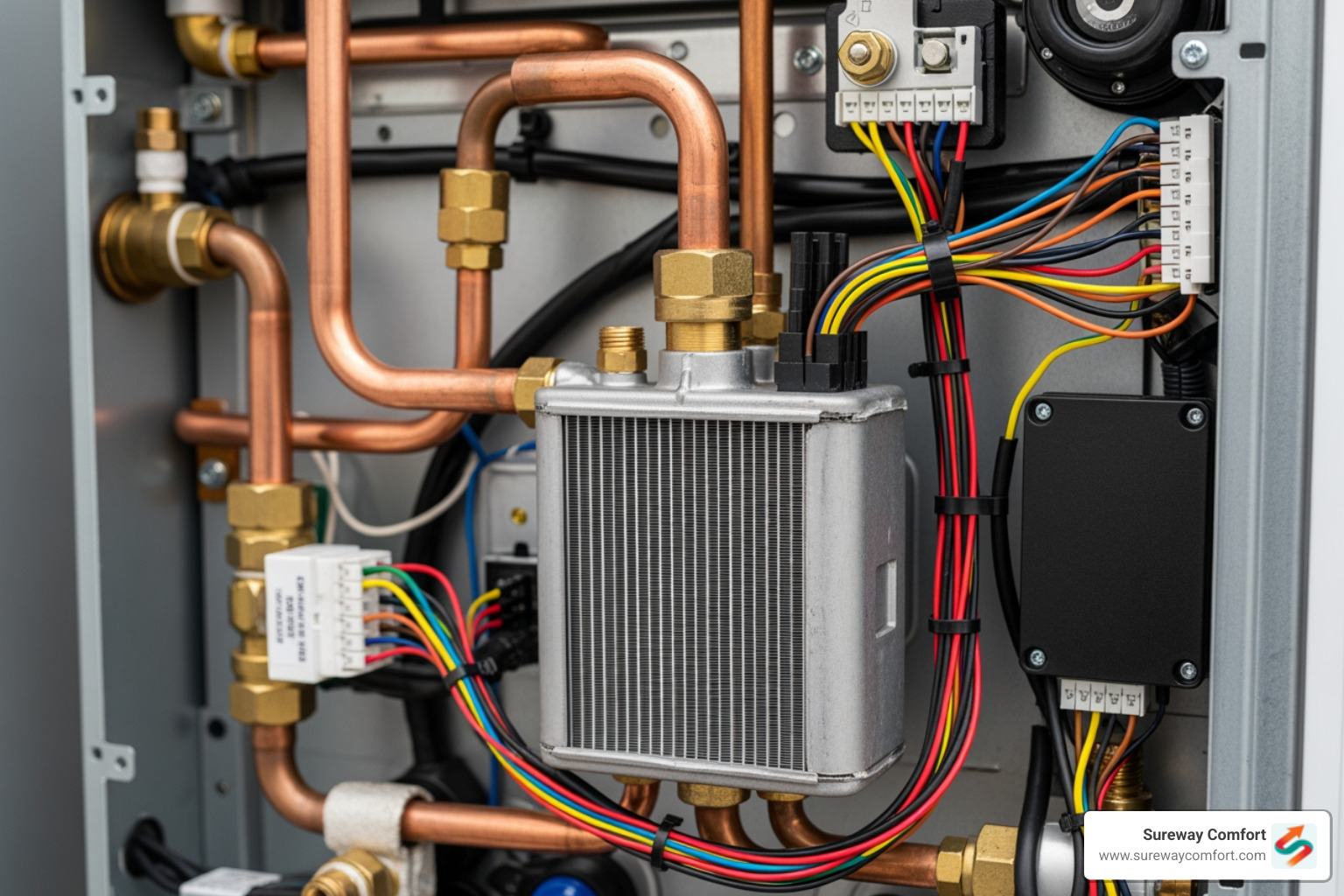 Close-up on a tankless water heater's internal components - Affordable Tankless Service Bridgeville PA