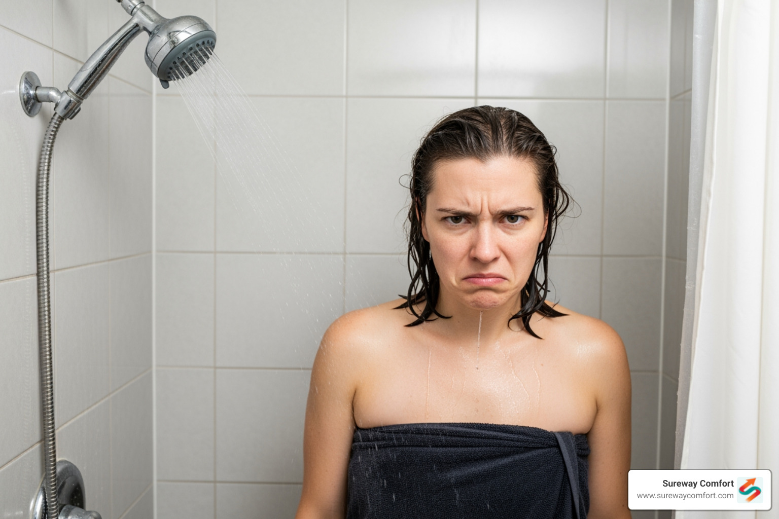 Person frowning at a shower head with weak water flow - Affordable Tankless Service Bridgeville PA