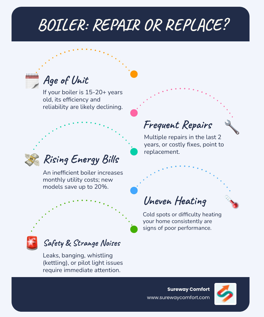 Infographic showing when to repair vs replace your boiler: displays a decision tree with age markers at 10, 15, and 20 years, frequency of repairs in the last 2 years, rising energy bills percentage, and safety warning signs like leaks, carbon monoxide, and pilot light issues - New Boiler Installation Bridgeville PA infographic infographic-line-5-steps-blues-accent_colors