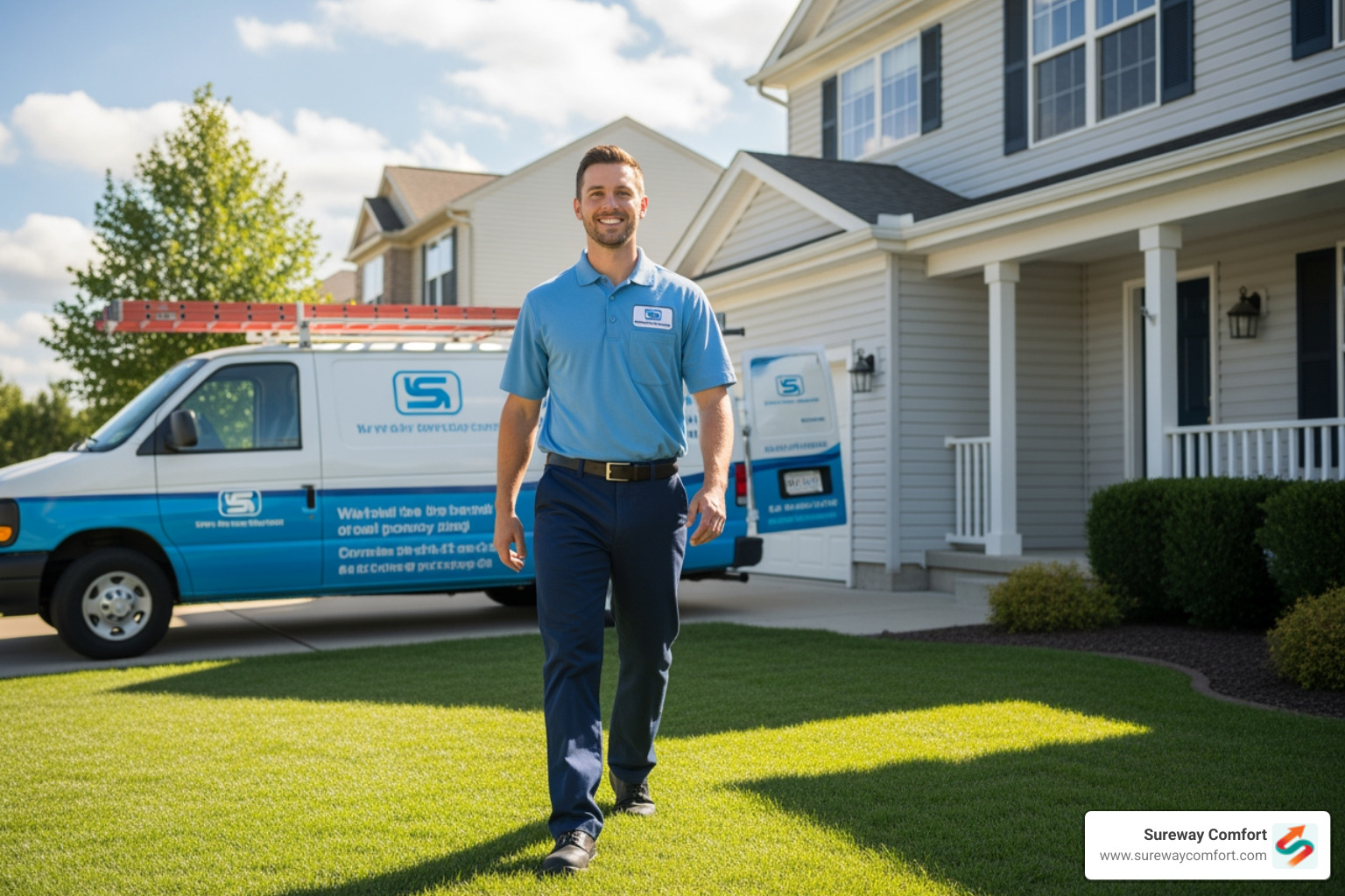friendly technician arriving at a home in a branded service vehicle - Same-Day Tankless Repair Bridgeville PA friendly technician arriving at a home in a branded service vehicle - Same-Day Tankless Repair Bridgeville PA