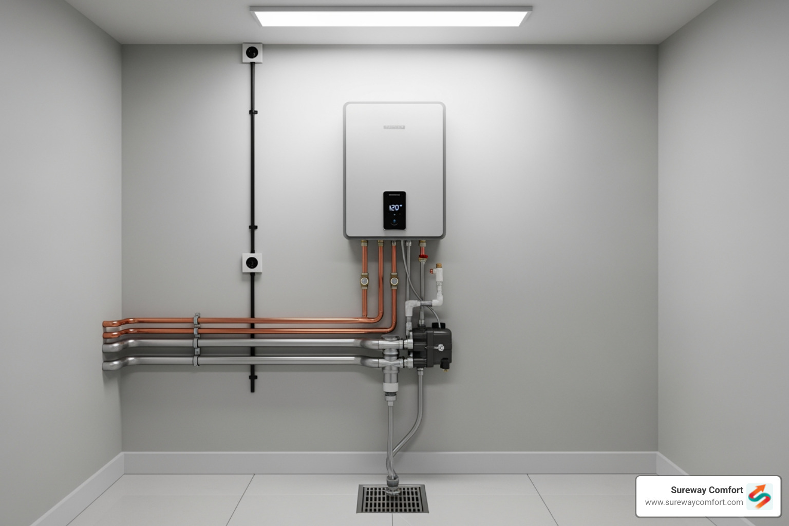 brand new tankless water heater installed on a wall - water heater repair bethel park pa